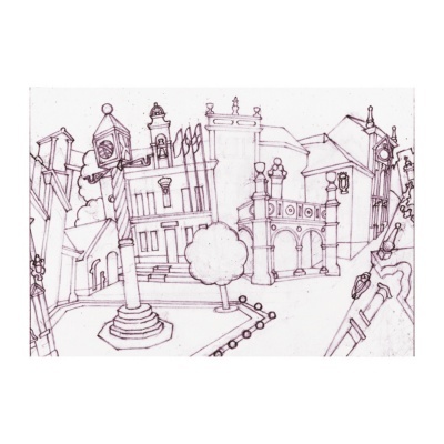Desenho a tinta de praça com edifícios antigos e uma coluna com relógio