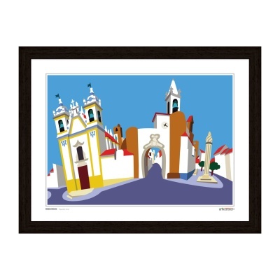 Ilustração colorida de arquitetura histórica com igreja e portão, moldura preta