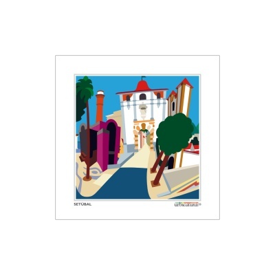 Ilustração colorida urbana representando Setúbal com edifícios, árvores e céu azul