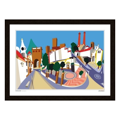 Quadro decorativo de paisagem urbana estilizada com edifícios, árvores e céu azul