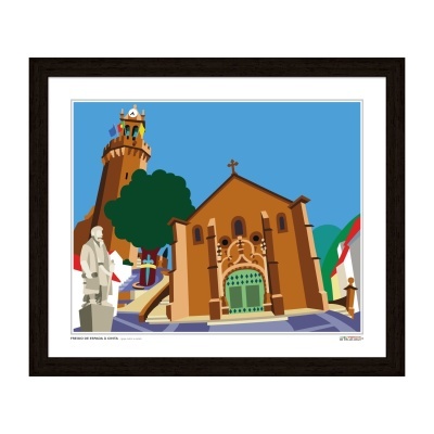 Quadro ilustrativo de igreja com torre de relógio e estátua em moldura castanha escura