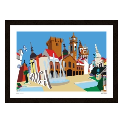 Ilustração colorida da cidade de Braga com edifícios e fonte, emoldurada com moldura escura