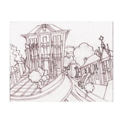 Desenho a lápis de rua com casas inclinadas, árvores e postes de luz