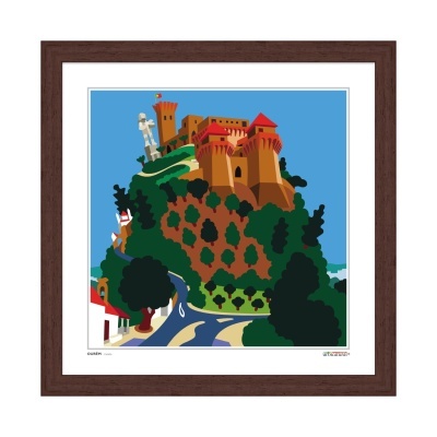 Ilustração colorida de castelo num monte com árvores e caminho em moldura castanha