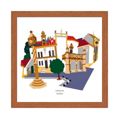 Ilustração gráfica colorida do Crato em moldura castanha