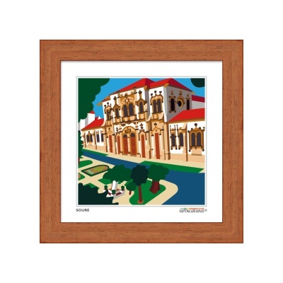 Ilustração colorida de edifício antigo com jardim e pessoas em quadro com moldura castanha