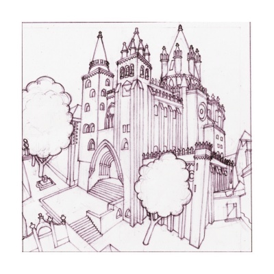 Desenho a carvão de castelo gótico com torres, janelas e árvores