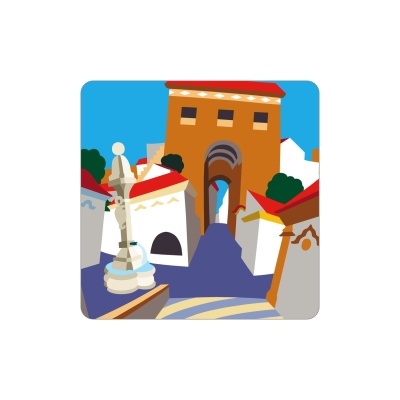 Ilustração de uma rua com edifícios brancos e telhados vermelhos, fonte e arco castanho