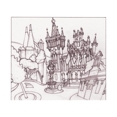 Desenho a lápis de paisagem urbana com castelo e edifícios antigos