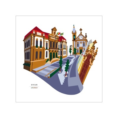 Ilustração colorida de edifícios tradicionais em Ovar com texto OVAR