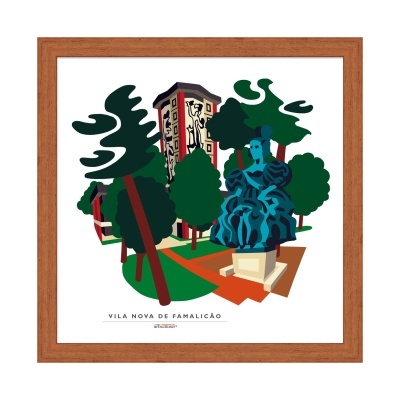 Ilustração colorida de praça com árvores, escultura azul e edifício, em quadro com moldura de madeira.