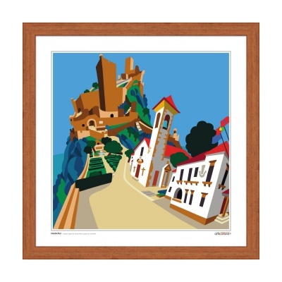 Quadro emoldurado representando castelo e edifícios coloridos num cenário estilizado.