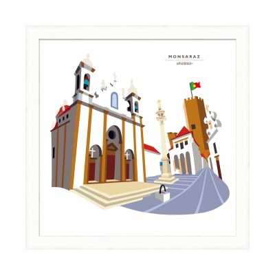 Imagem digital estilizada de praça com igreja, coluna e edifícios com bandeira de Portugal, intitulada MONSARAZ.