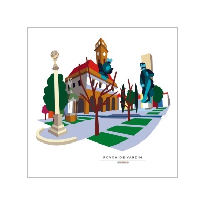 Ilustração urbana estilizada com edifício e estátua na Póvoa de Varzim
