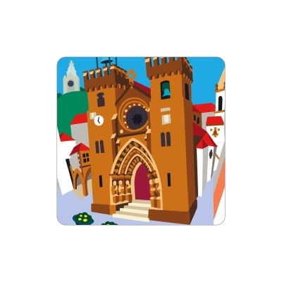 Ilustração de edifício histórico com duas torres castanhas e detalhes decorativos