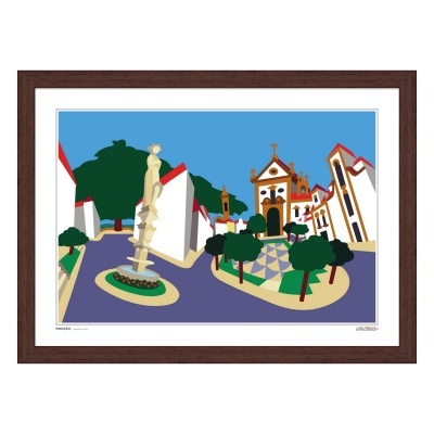 Ilustração digital de rua com fonte, casas brancas, igreja e árvores