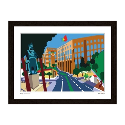 Ilustração de rua urbana com estátua, edifícios e bandeira de Portugal