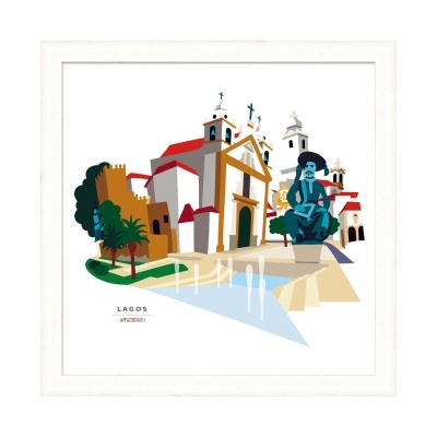 Ilustração gráfica colorida de edifício histórico e estátua em Lagos