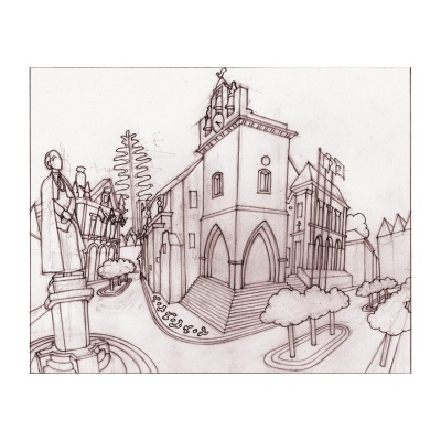 Desenho a lápis de edifícios históricos, escultura, árvores e ruas estilizadas