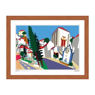 Pintura digital colorida de vila com edifícios brancos e telhados vermelhos em moldura de madeira.