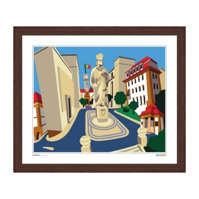 Ilustração de estátua numa praça urbana com edifícios e bandeira de Portugal