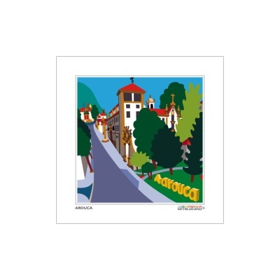 Ilustração digital colorida de Arouca com edifícios e árvores.