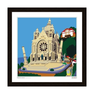 Quadro artístico de edifício religioso com fachada detalhada e cenário colorido