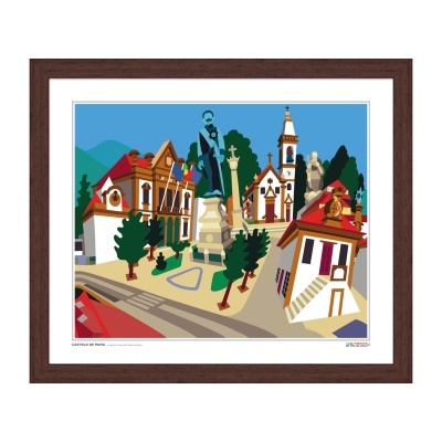 Ilustração colorida de Castelo de Paiva com estátuas e edifícios históricos