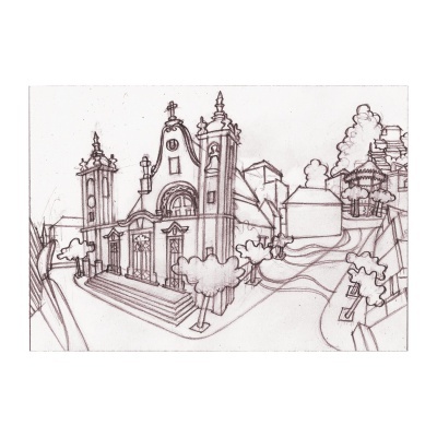 Desenho a lápis de um edifício histórico com árvores e casas ao redor