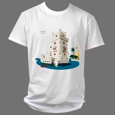 Camisola branca estampada com Torre de Belém e texto Lisboa Portugal