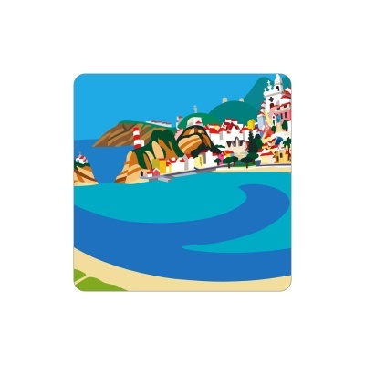 Ilustração de baía com colinas, edifícios brancos e faróis vermelhos e brancos