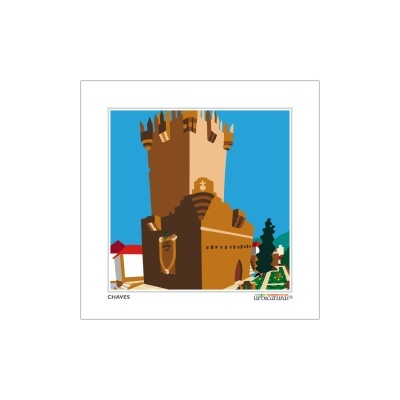 Ilustração digital colorida da torre de castelo em Chaves com céu azul e vegetação.