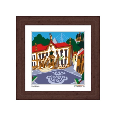 Ilustração colorida de Vila Real em quadro com moldura de madeira castanha
