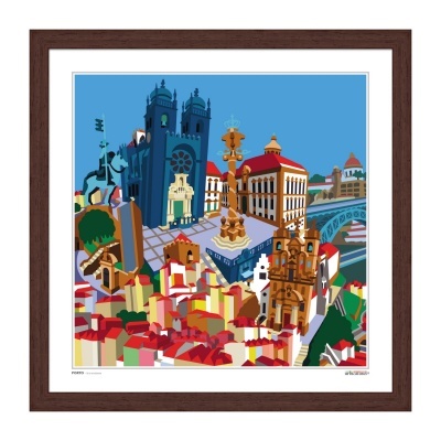 Ilustração de cidade com catedral azul e edifícios com telhados vermelhos numa moldura de madeira escura