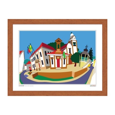 Quadro com ilustração gráfica de praça com edifícios e igreja em moldura de madeira