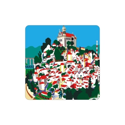 Ilustração de vila com casas brancas telhados vermelhos e igreja no topo da colina