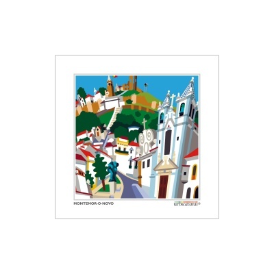 Ilustração colorida da cidade de Montemor-o-Novo com igrejas brancas e casas com telhados vermelhos.