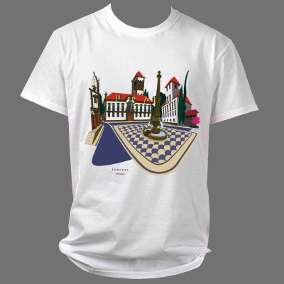 T-shirt branca com ilustração colorida de praça e prédios com texto FUNCHAL