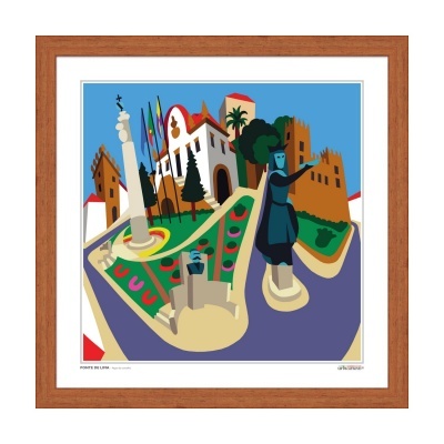 Quadro ilustrativo colorido com estátua, monumento e edifícios