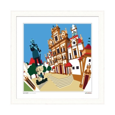 Ilustração digital colorida de edifício histórico com escadaria e estátua, fundo azul.