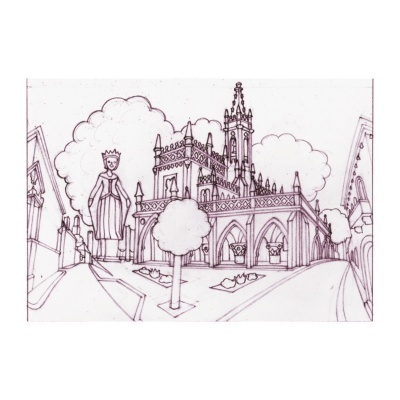 Desenho a lápis de uma rua com uma estátua e uma igreja gótica detalhada