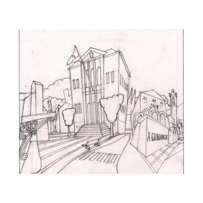 Desenho a lápis a preto e branco de uma rua com edifícios e uma placa com texto