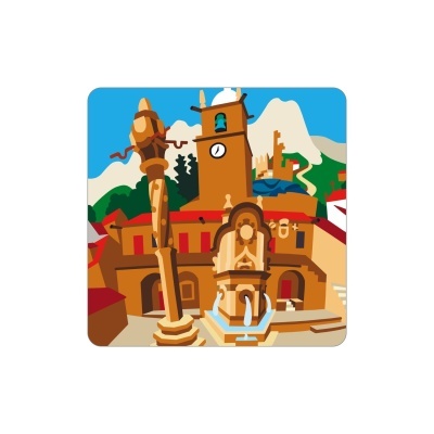 Ilustração de edifício histórico com torre de relógio, fonte e paisagem de montanhas