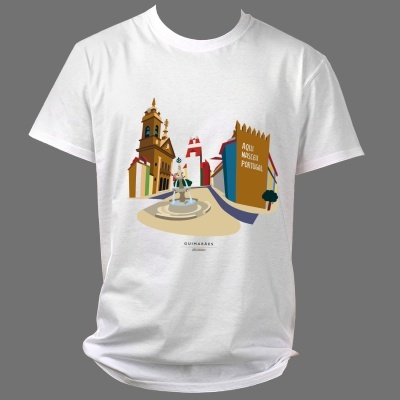 Camisola branca com estampa de monumentos e fonte colorida com texto