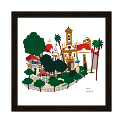 Ilustração colorida de edifícios históricos e árvores com moldura preta