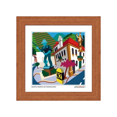 Gravura colorida com estátua, edifício vermelho e placa amarela emoldurada