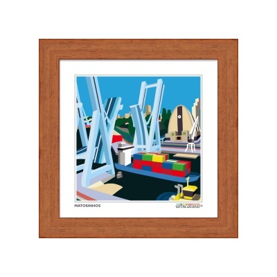Quadro decorativo com ilustração de porto com contentores e estrutura azul