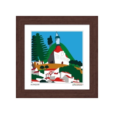 Quadro ilustrativo com moldura em madeira castanha mostrando edifícios com árvores e céu azul