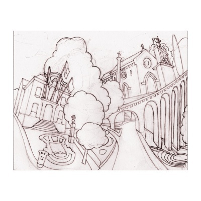 Desenho a lápis urbano com edifícios e ponte em papel branco