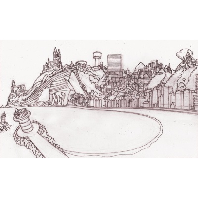 desenho a lápis preto de paisagem urbana com caminho curvo e torre à beira da água